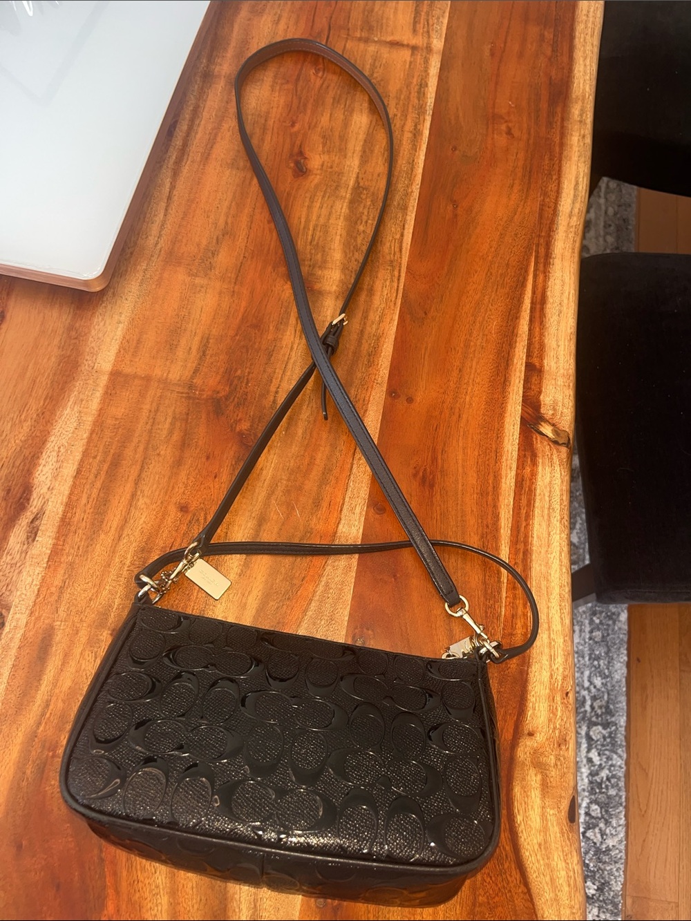 Coach Black Signature Embossed Leather Crossbody Shoulder Bag - Picture 8 of 10